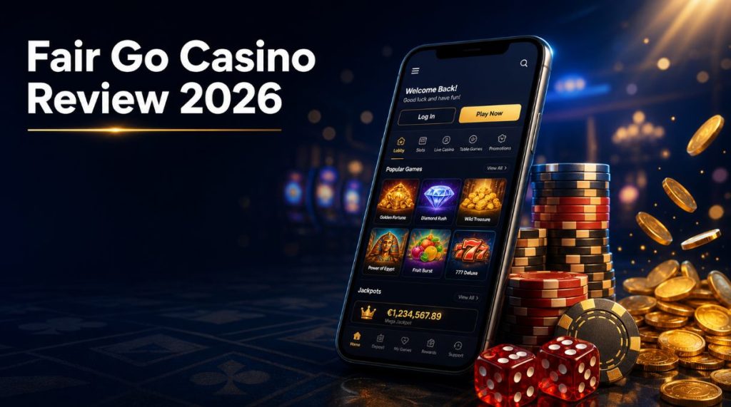 Fair Go Casino Review 2026 banner showing a smartphone with a generic casino lobby on the left and poker chips, red dice, and spilling gold coins on the right, set on a dark navy gradient background with soft bokeh lights.