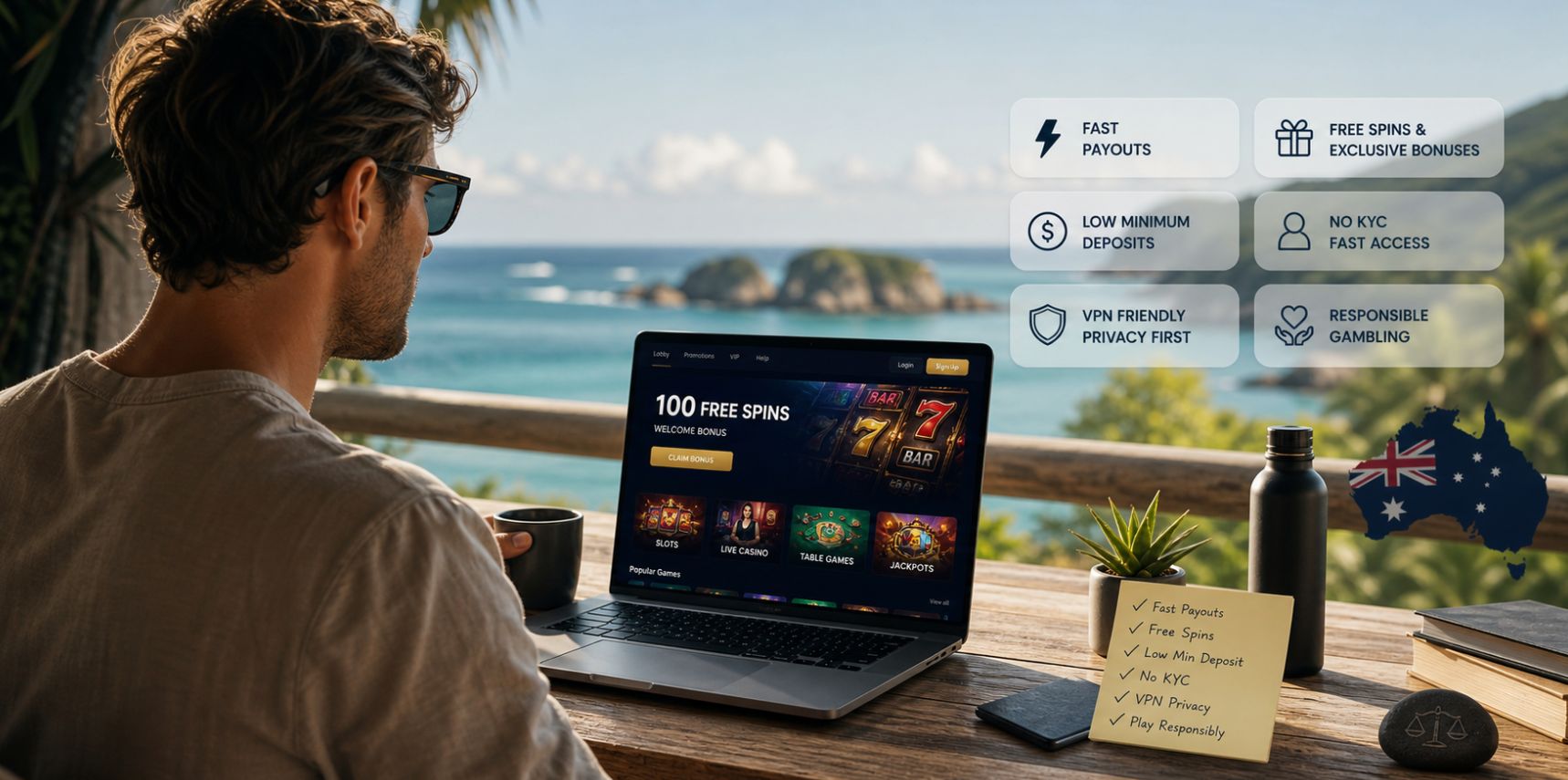 Australian player using a laptop at an offshore casino with island-inspired scenery and visual cues for free spins, fast payouts, no KYC, and low minimum deposits.